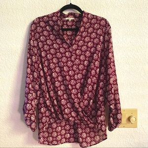 Pleione Burgundy Print Faux Wrap Blouse